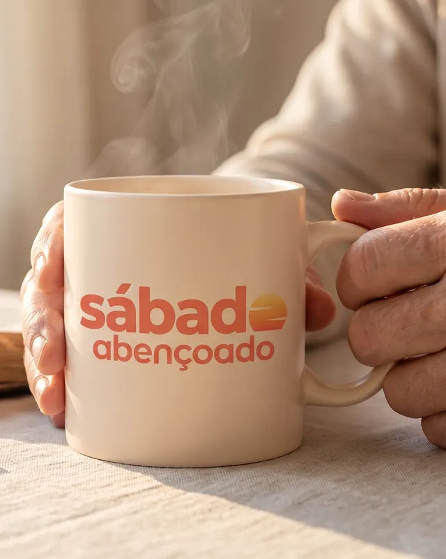 Mãos de um senhor segurando uma caneca creme com o logo Sábado Abençoado