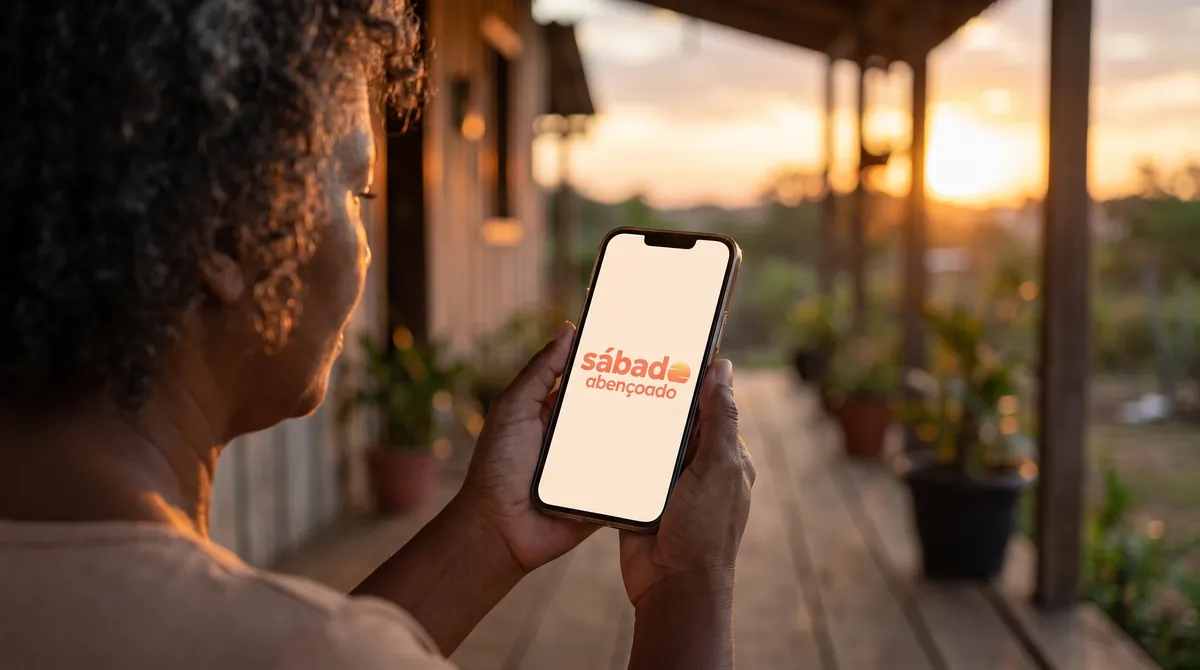 Mulher na varanda ao pôr do sol segurando o celular com o logo Sábado Abençoado na tela